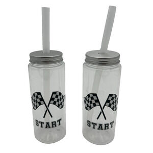 Set of 2 Clear Racing Tumblers w/ Lids & Straws Checkered Flag START Cups